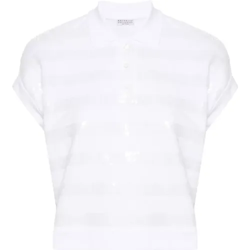 Weiße T-Shirts und Polos,Weißes Pailletten Gestreiftes Poloshirt - BRUNELLO CUCINELLI - Modalova
