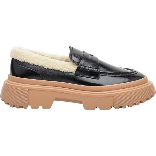 Leather and Faux Fur Loafer , female, Sizes: 4 UK, 3 UK - Hogan - Modalova