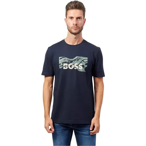 Blaues T-Shirt mit Frontlogo-Druck , Herren, Größe: S - Hugo Boss - Modalova