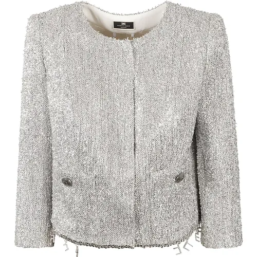 Silver Tweed Outerwear with Crystal Embellishment , female, Sizes: L, S, M - Elisabetta Franchi - Modalova