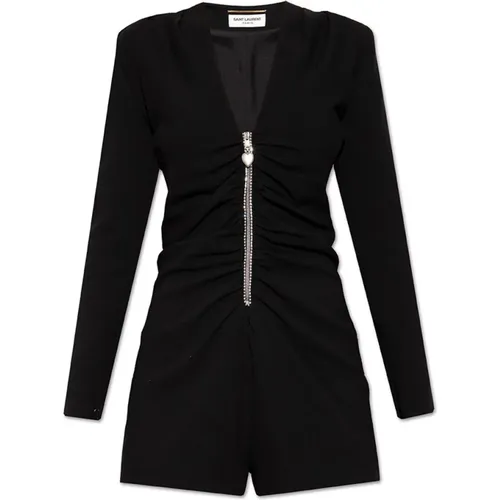 Silk V-Neck Jumpsuit with Crystal Zip , female, Sizes: L, XL - Saint Laurent - Modalova