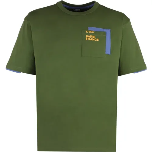 Baumwoll-Crew-Neck T-Shirt mit Fronttasche , Herren, Größe: M - K-way - Modalova