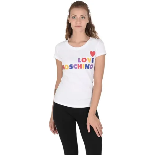 Weißes Baumwoll-T-Shirt mit Design , Damen, Größe: L - Love Moschino - Modalova