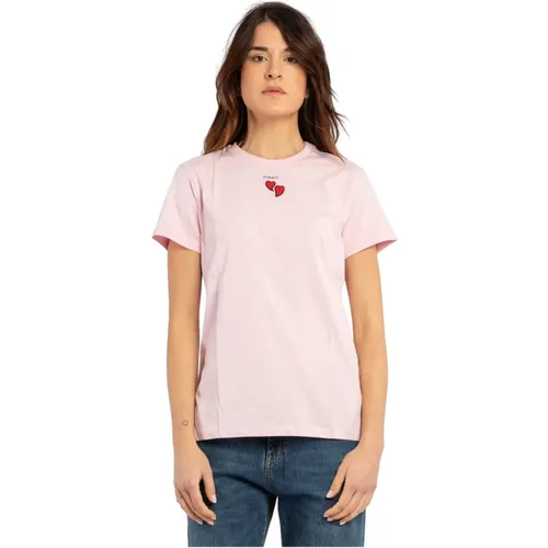 Heart Embroidered T-shirt with Logo Print , female, Sizes: L, S, M - pinko - Modalova