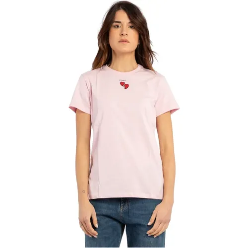 Heart Embroidered T-shirt with Logo Print , female, Sizes: L, S, M, XS - pinko - Modalova