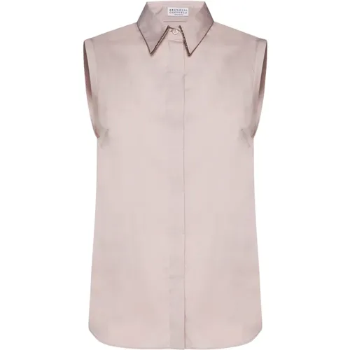 Beaded Trim Sleeveless Poplin Shirt , female, Sizes: M - BRUNELLO CUCINELLI - Modalova