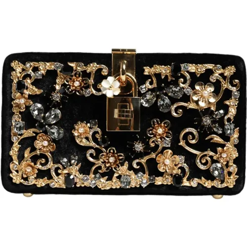 Samtige Blumenkristall-Clutch mit Vorhängeschloss - Dolce & Gabbana - Modalova