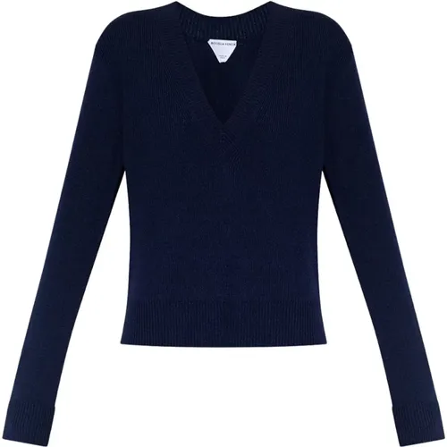 Navy Cashmere V-Neck Ribbed Sweater , female, Sizes: M - Bottega Veneta - Modalova