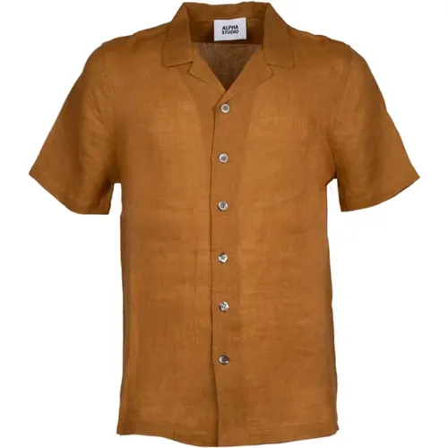 Camel Linen Bowling Shirt , male, Sizes: 2XL, M, 3XL, XL, L - Alpha Studio - Modalova