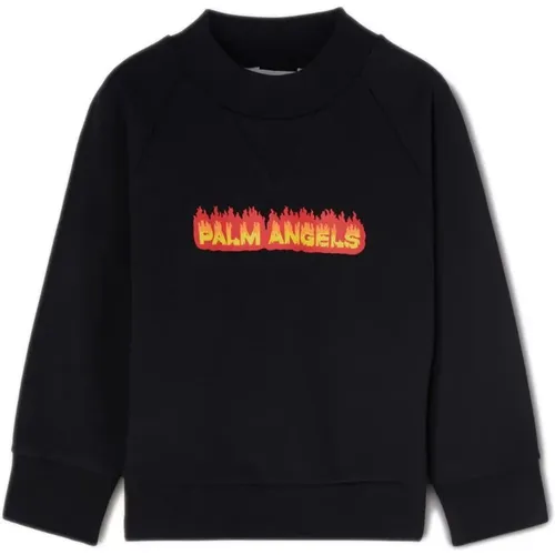 Schwarzer Baumwoll-Sweatshirt mit Flammenlogo - Palm Angels - Modalova