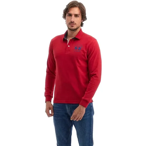 Rotes Baumwoll-Poloshirt mit Blauem Logo - LA MARTINA - Modalova