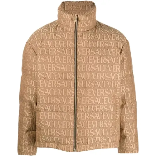 All-over Logo Print Down Jacket , male, Sizes: M, L - Versace - Modalova