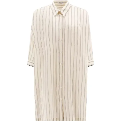 Striped Cotton and Silk Long Shirt , female, Sizes: M, S - BRUNELLO CUCINELLI - Modalova