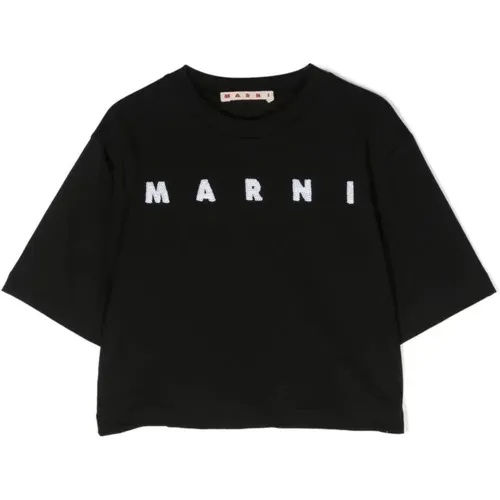 Schwarzes Gekürztes Kinder T-Shirt mit Pailletten-Logo - Marni - Modalova