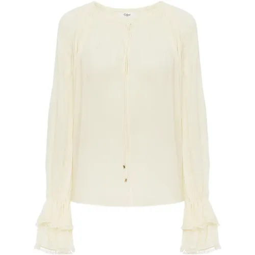 V-Neck Silk Shirt with Lace Trim , female, Sizes: XS, S - Chloé - Modalova