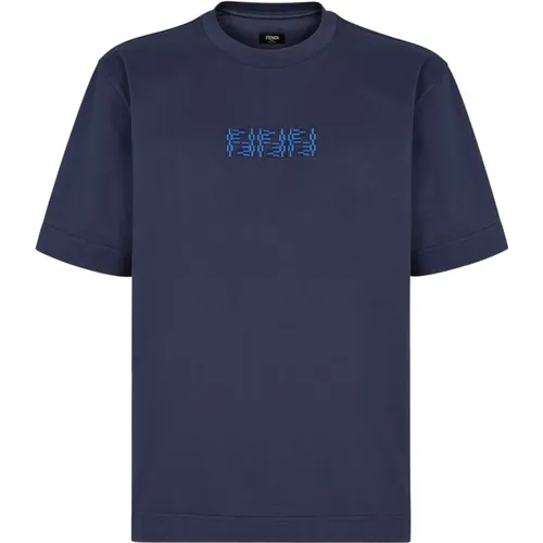 Blau Crew-neck T-Shirt mit FF Labyrinth Motiv - Fendi - Modalova