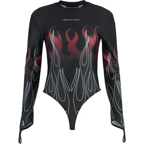 Flames Print Langarm-Body , Damen, Größe: S - VISION OF SUPER - Modalova