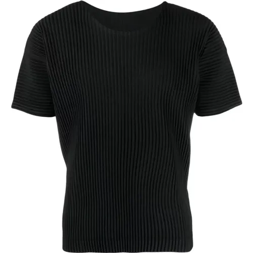Schwarzes Plissé U-Ausschnitt T-Shirt , Herren, Größe: L - Issey Miyake - Modalova
