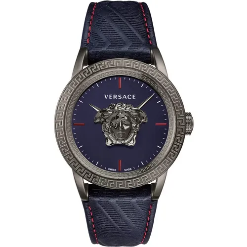Blue Leather Quartz Watch , male, Sizes: ONE SIZE - Versace - Modalova