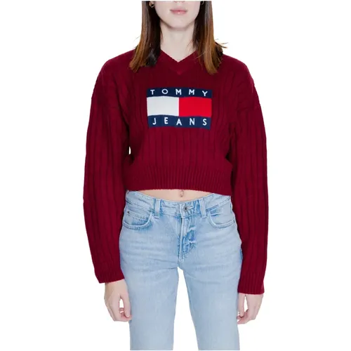 Bordeaux Strick V-Ausschnitt Pullover , Damen, Größe: XS - Tommy Jeans - Modalova