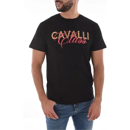 Schwarzes Baumwoll-Logo-T-Shirt , Herren, Größe: L - Cavalli Class - Modalova