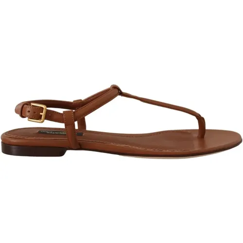 Leather T-strap Slides Flats Sandals , female, Sizes: 2 1/2 UK - Dolce & Gabbana - Modalova