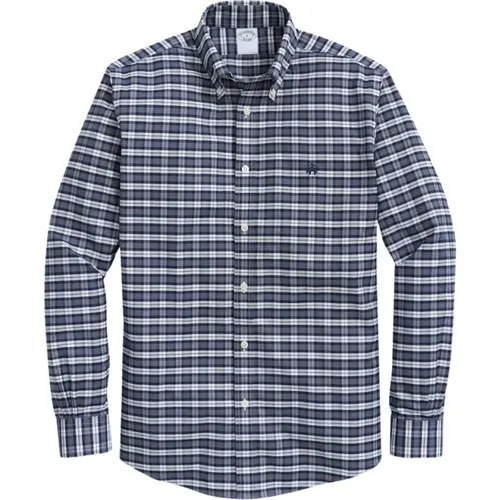 Dunkelblaues Regular Fit Non-Iron Stretch Baumwollhemd mit Button-Down-Kragen , Herren, Größe: L - Brooks Brothers - Modalova