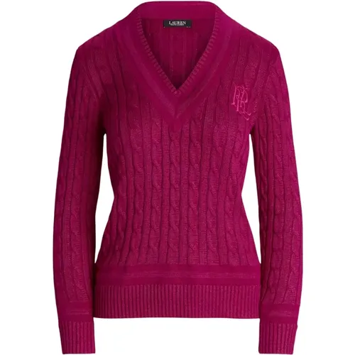 Burgunder Pullover mit Zopfmuster , Damen, Größe: L - Ralph Lauren - Modalova