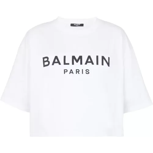 Kurzes T-Shirt aus Öko-Baumwolle mit aufgedrucktem -Logo , Damen, Größe: L - Balmain - Modalova