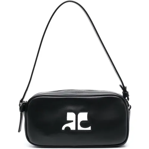 Schwarze Lederhandtasche mit Kontrastierendem Logo und Verstellbarem Griff - Courrèges - Modalova
