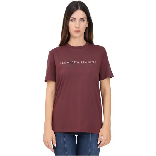 Burgundy Logo Print Short Sleeve T-shirt , female, Sizes: 2XL, M, XS, XL - Elisabetta Franchi - Modalova