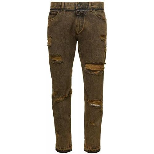 Brown Straight Jeans With Rips In Cotton Denim - Größe 52 - brown - Dolce&Gabbana - Modalova