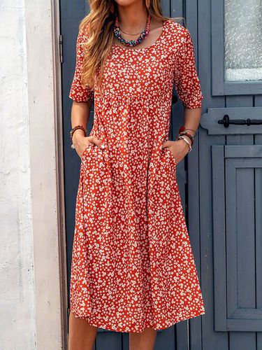 Floral Pockets Midi Dress&Printed&Daily,Holiday - Just Fashion Now - Modalova