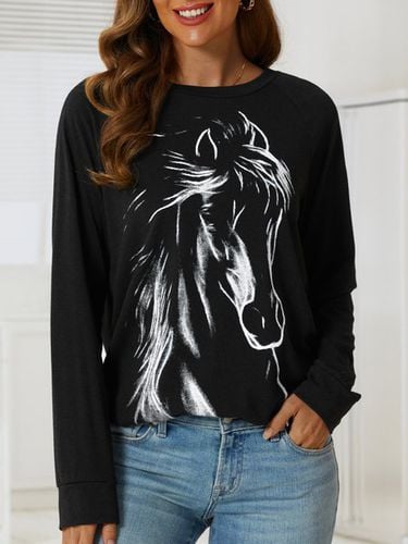 Horse Printed Raglan Sleeve Crew Neck Casual Sweatshirt - Just Fashion Now - Modalova