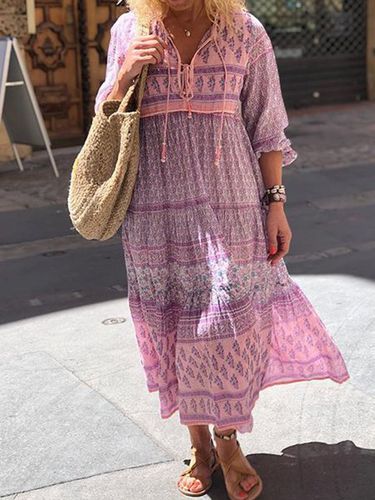 Boho Floral Maxi Weaving Dress Shift Women Long Sleeve Beach Weaving Dress - Just Fashion Now UK - Modalova