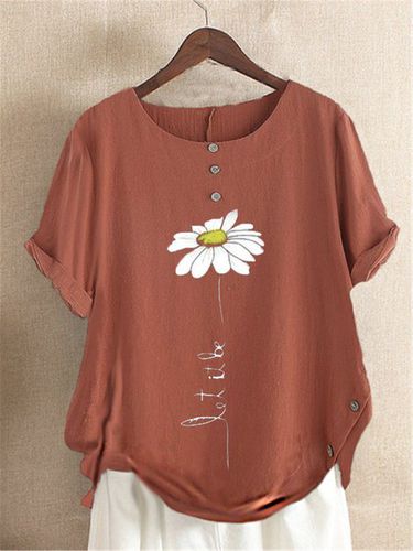 Casual Floral-Print Cotton&Linen Short Sleeve T-shirt - Just Fashion Now - Modalova