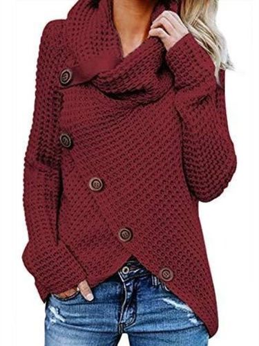 Casual Turtleneck Asymmetrical Buttoned Plain Long Sleeve Sweater - Just Fashion Now UK - Modalova
