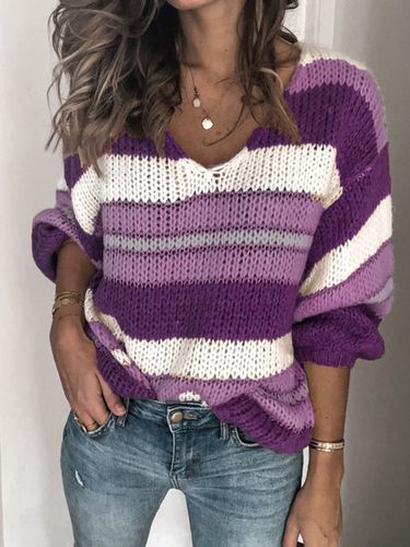 V Neck Color-Block Long Sleeve Sweater - Just Fashion Now - Modalova