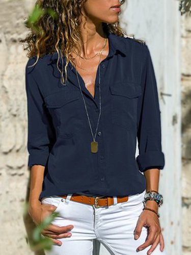 Women Fashion Turn Down Collar Solid V Neck Long Sleeve Blouse - Modetalente - Modalova