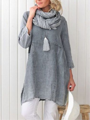 Casual Plain Long Sleeve Linen Dress - Just Fashion Now - Modalova
