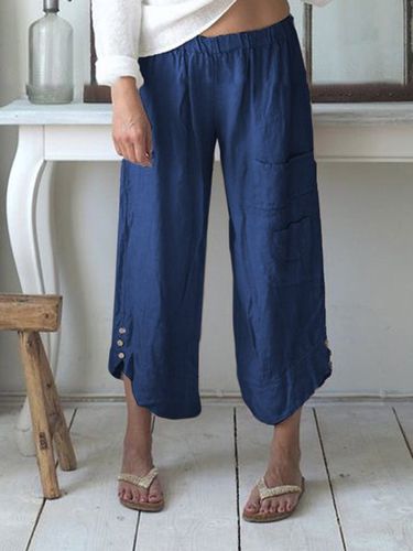 Summer Pockets Buttoned Elastic Waist Stylish Casual Capri Pants - Modetalente - Modalova