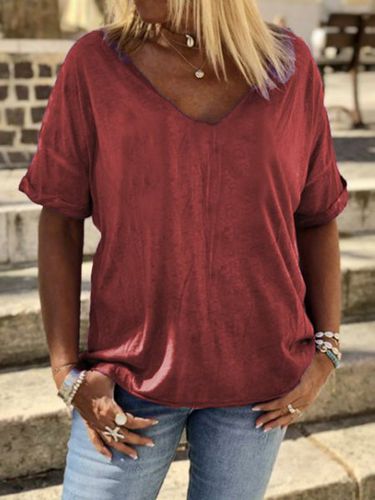 Plain Cotton-Blend V Neck Casual T-shirt - Just Fashion Now - Modalova