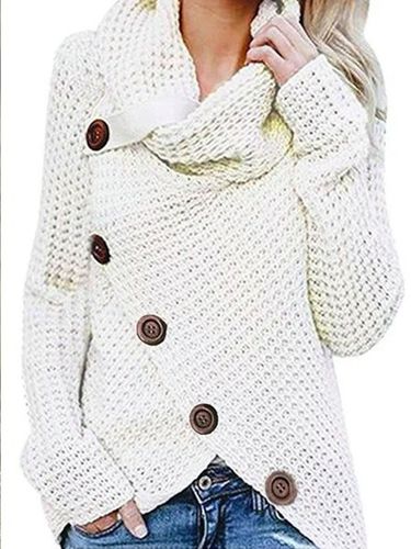 Casual Turtleneck Asymmetrical Buttoned Plain Long Sleeve Sweater - Just Fashion Now UK - Modalova