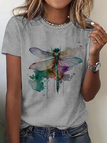 Casual Crew Neck Cotton Dragonfly T-Shirt - Modetalente - Modalova