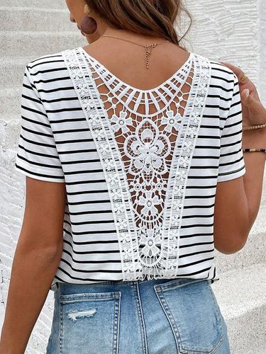 Women's Short Sleeve Tee Summer Striped Lace Hollow out V Neck Going Out Elegant Top White Red - Just Fashion Now - Modalova