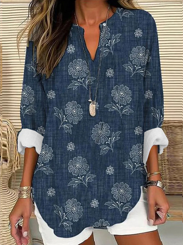 Casual V Neck Floral Loose Shirt - Just Fashion Now - Modalova