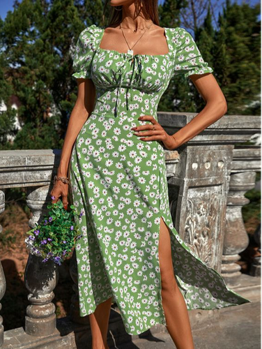Women's Short Sleeve Summer Green Floral Square Neck Puff Sleeve Daily Milkmaid Midi Dress - Just Fashion Now - Modalova