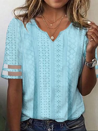 Women's Short Sleeve Blouse Summer Light Blue Plain Mesh Jacquard Notched Neck Daily Going Out Simple Top - Just Fashion Now - Modalova