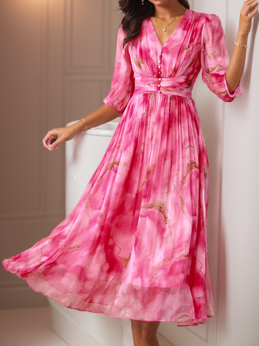 Women's Half Sleeve Summer Pink Gradient Pattern Scramble V Neck Daily Vacation Maxi Dress - Just Fashion Now - Modalova