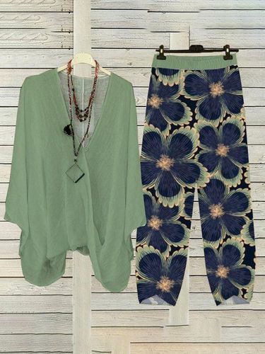 Women's Floral Daily Two-Piece Set Green Spring/Fall Top With Pant - Just Fashion Now - Modalova